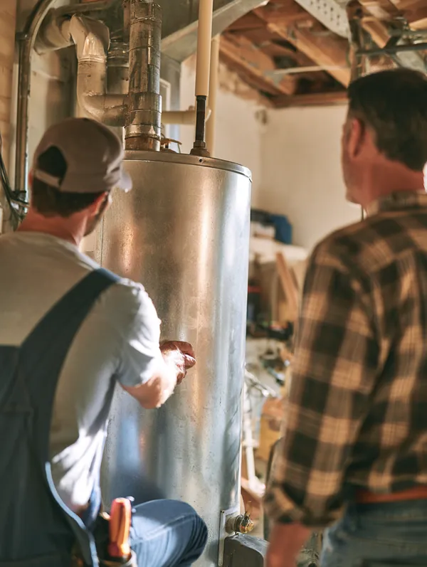 Over-the-shoulder view of a plumber installing a new water heater in a tidy garage while the homeowner watches