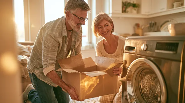 A couple in their 50s smile as they unbox a new front-load washer paid for with a $3,000 loan in a bright laundry room