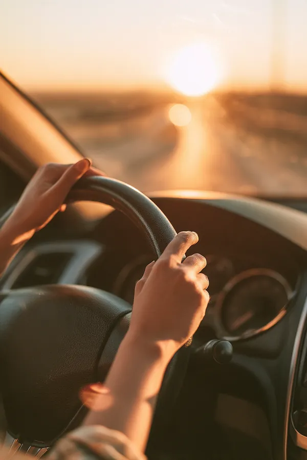 Hands on the steering wheel of a modern car heading onto an open road with warm low sun through the windshield