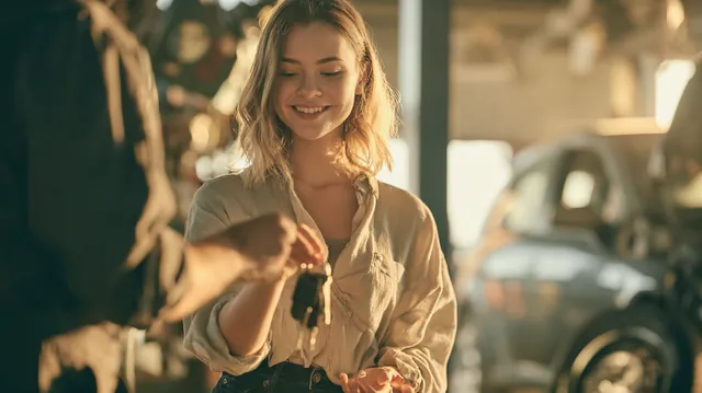 Mechanic handing car keys back to a young woman after a $500 loan covered a new tire in a bright auto repair bay