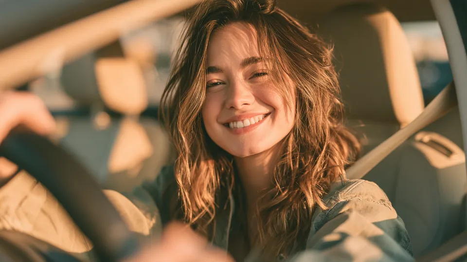 Woman in her 30s smiling in the driver's seat of her parked modern car after starting a Tripoint Lending request