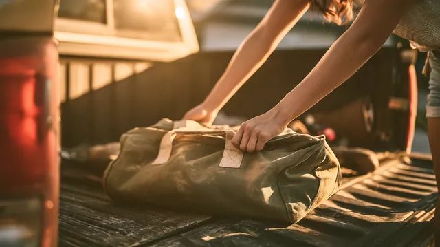 An American woman's hands lifting a canvas tool bag into the bed of her late-model pickup truck in a suburban driveway, everyday work life for borrowers comparing bad credit loans with Tripoint Lending