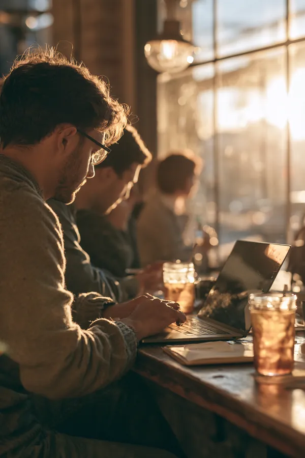 Over-the-shoulder view of a young American man working on a slim laptop at a cafe window counter while a friend beside him sips iced tea