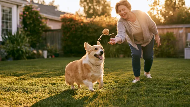 Woman in her 60s tossing a rope toy to her corgi on a green backyard lawn after a recovery budgeted with Tripoint Lending