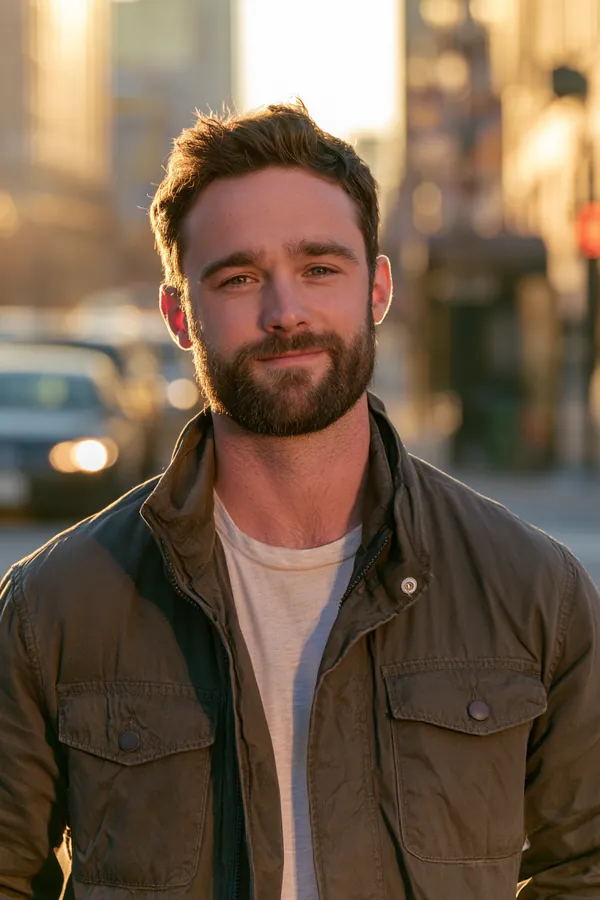 Confident man in his 30s in a modern jacket waiting at a downtown crosswalk