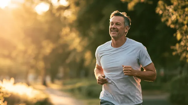 Man in his 40s jogging along a park path at sunrise in light athletic wear, looking calm and relieved