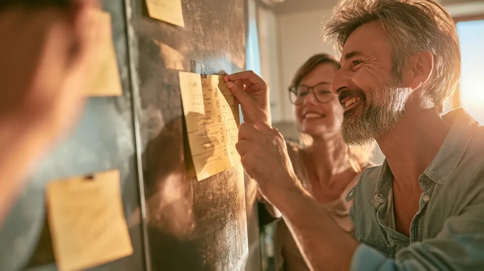 Couple in their 50s pinning a handwritten debt payoff checklist to their refrigerator door with proud smiles