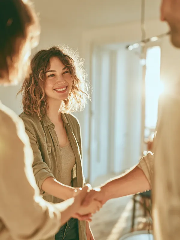 Young renter shaking hands with a property manager after reviewing Tripoint Lending eligibility requirements for a new apartment