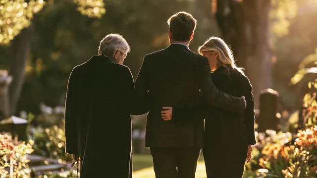 Three generations of an American family walking slowly arm in arm through a sunlit memorial garden in dark clothing, a calm moment for families considering funeral loans through Tripoint Lending