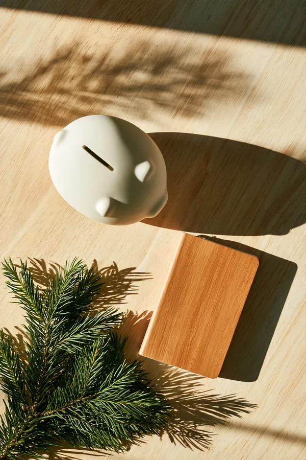 Top-down view of a white piggy bank, a small planner and a sprig of evergreen on a light wood table, a holiday budget planned with Tripoint Lending