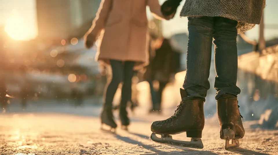 Couple in their 20s ice skating hand in hand at an outdoor city rink in late-afternoon sun