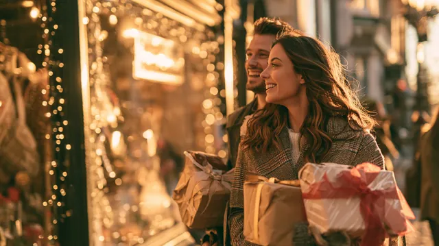 An American couple in their thirties carrying wrapped gifts down a festive downtown street with warm string lights in shop windows, shopping with holiday loans from Tripoint Lending