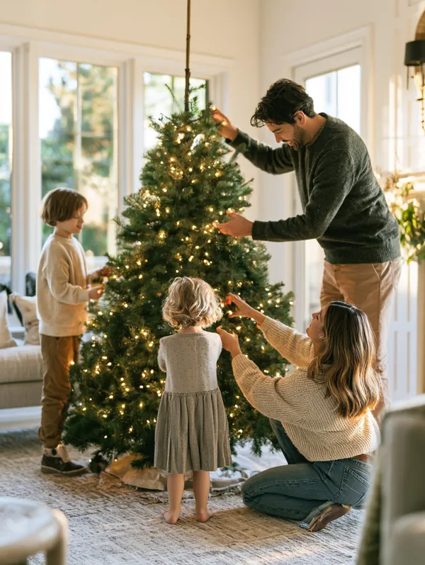 An American family with two young kids decorating a tree with warm string lights in a modern living room