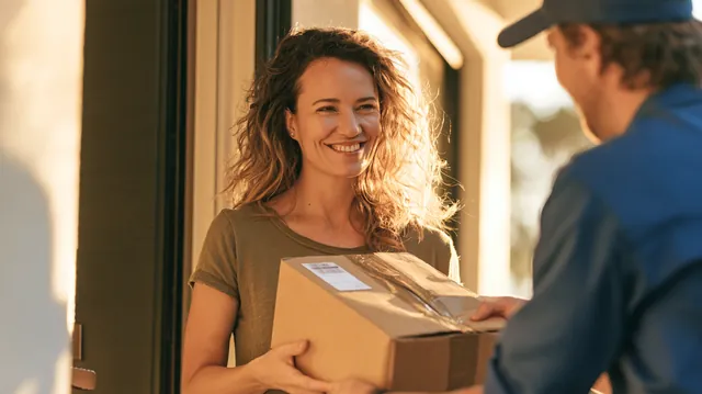 Woman in her 40s accepting a package from a delivery driver at the front door of her modern home