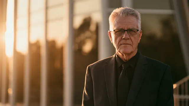 Man in his 60s in a dark suit standing calmly outside a modern chapel before a simple funeral service