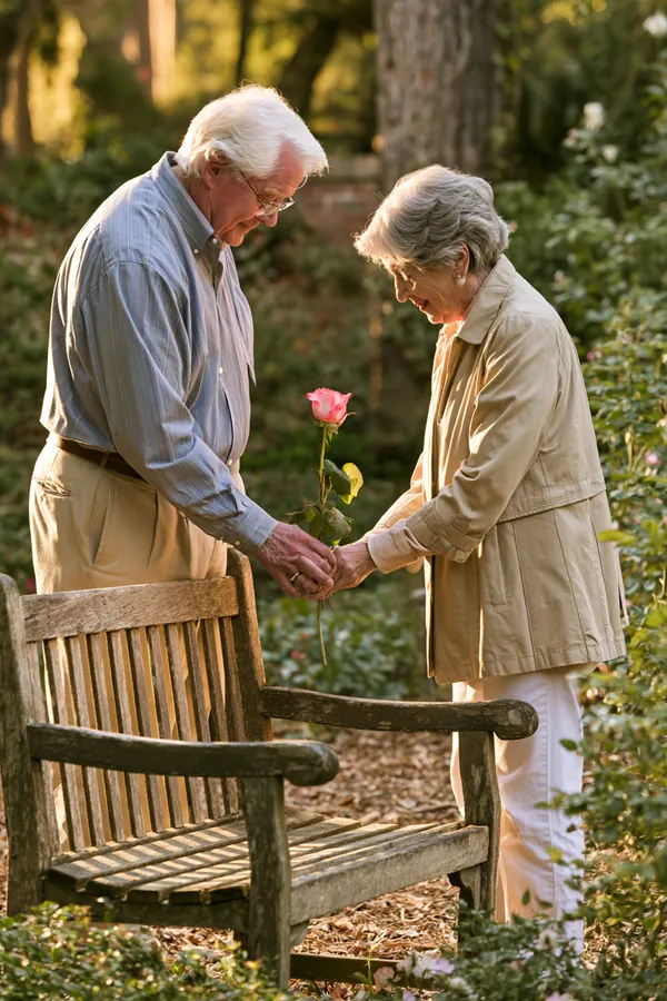 Couple in their 70s placing a single rose on a garden bench in a peaceful memorial garden