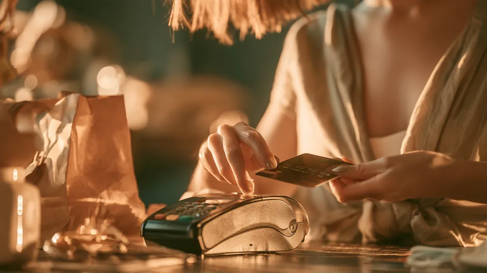 Over-the-shoulder view of a woman in her 30s tapping her card on a reader at a boutique checkout