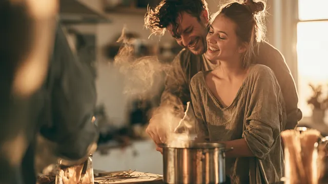 American couple in their 30s cooking dinner at a bright kitchen island, steam rising from a pasta pot as they share a laugh