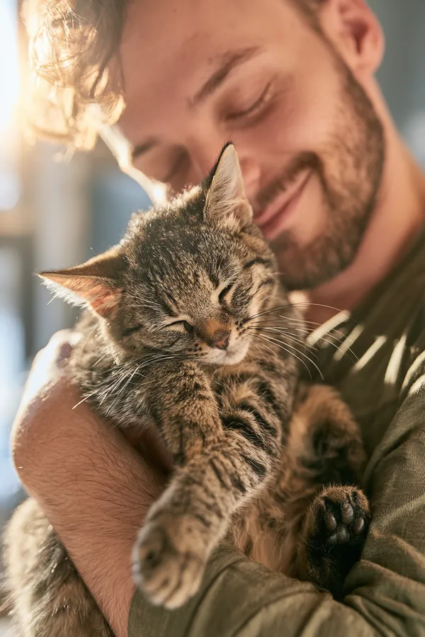 Young man cradling his tabby cat in a bright veterinary clinic lobby after a checkup paid for with a Tripoint Lending pet care loan