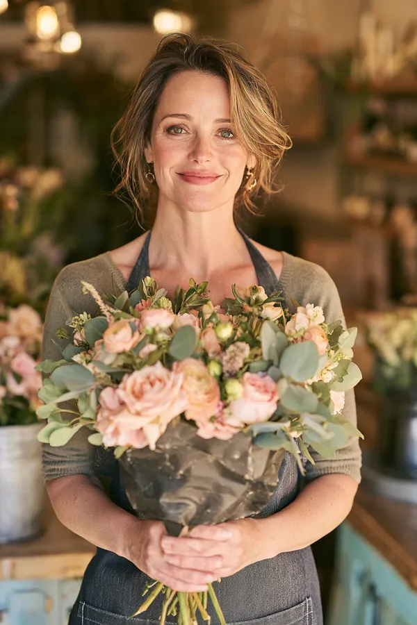 Florist in her 50s holding a fresh bouquet inside her bright flower shop, smiling at the camera