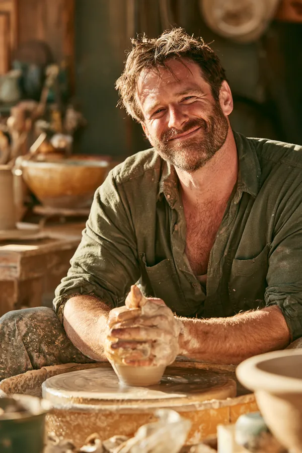 Ceramicist in his 40s shaping clay on a pottery wheel in his studio workshop