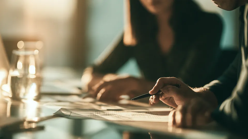 Two coworkers reviewing the printed Tripoint Lending terms of use agreement at a bright conference table