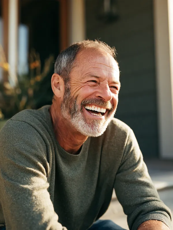 Man in his 60s with a short gray beard laughing on the steps of his modern front porch in a casual knit sweater