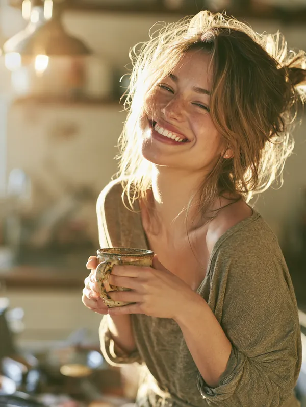Woman in her 40s laughing while holding a coffee mug in a sunlit kitchen